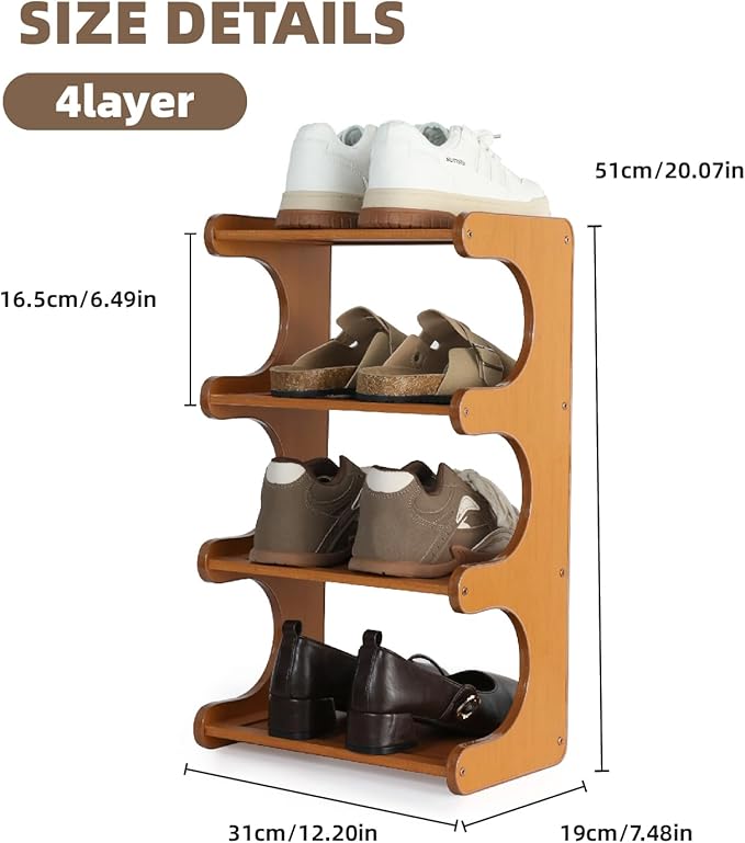 Multi-Tier Bamboo Shoe Rack, 30cm Narrow Standing Shoe Organizer for Closet Entrance, Space Saving Shoe Shelf, Sturdy Shoe Stand for Men and Women(4 Layers)