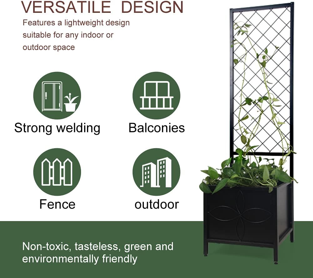 Zhongma 15.75 x 15.75 x 55 in Raised Garden Bed with Trellis,Heavy Duty Plant Box for Climbing Plants with Drainage Hole, Metal Lattice Planter Gardon Box with Inner Fabric Liners.