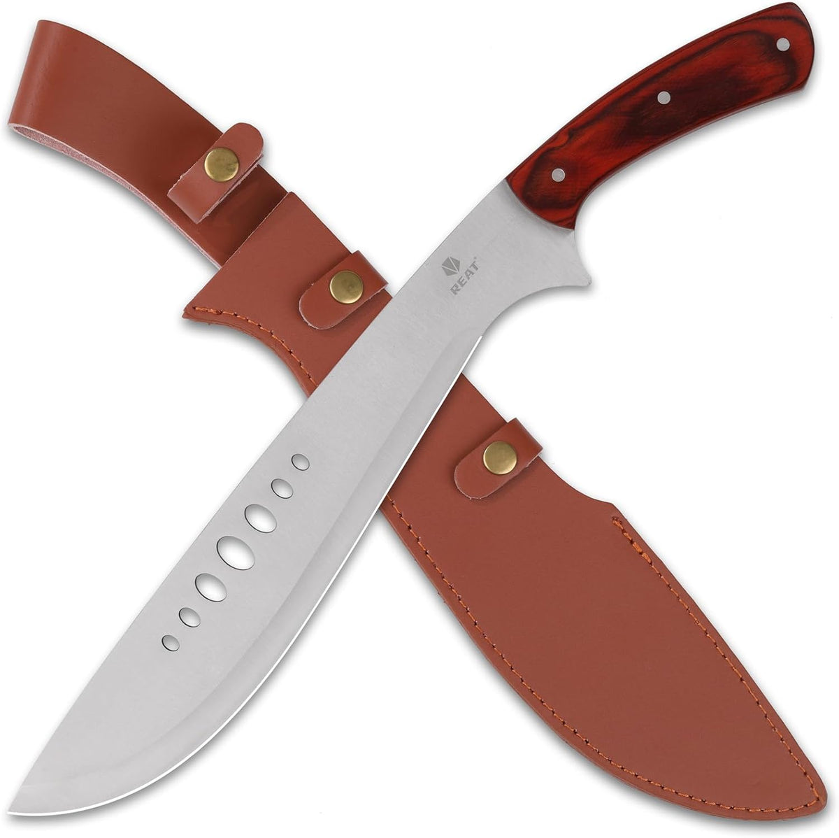 REAT Machete Heavy Duty with Leather Sheath,19-inch Full Tang 420 Stainless Steel Blade with Wood Handle,Machetes for Yard Work, Cutting Trees,Camping,Hunting