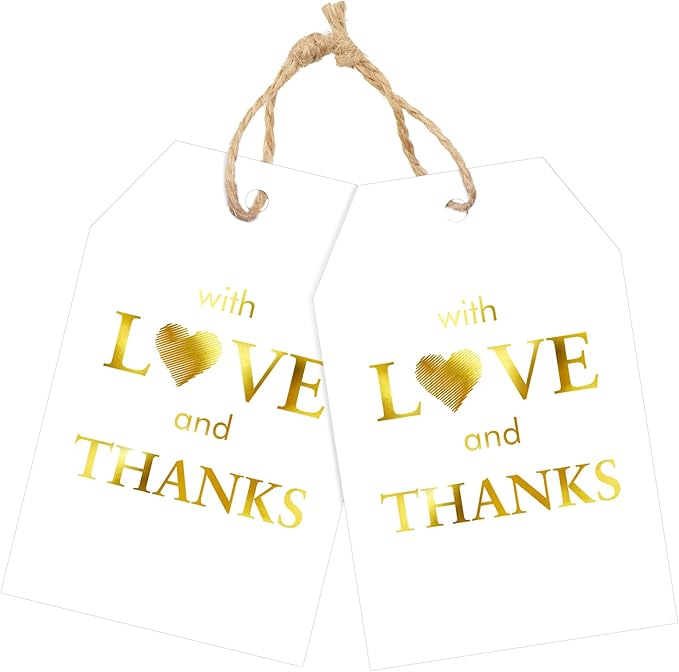 joycraft 50PCS Gold Foil Thank You Tags with String – White Gift Wrapping Hangtags, Paper Hang Tags for Wedding, Baby Shower, for Guests, Favor Hangtags