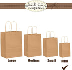 Bakepacker 100 Pcs Brown Mini Paper Gift Bags with Handles 6"x4.5"x2.5" Kraft Party Favor Bags Multiple Uses (Mini size)