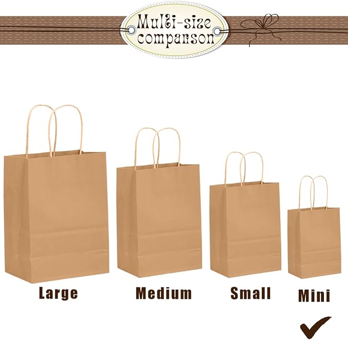 Bakepacker 100 Pcs Brown Mini Paper Gift Bags with Handles 6"x4.5"x2.5" Kraft Party Favor Bags Multiple Uses (Mini size)