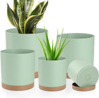 Plant Pots with Drainage Holes and Saucers – 7, 6.5, 6, 5, 4 Inch Plastic Planters for Indoor Outdoor Plants, Modern Matte Finish, Lightweight & Durable（Green）