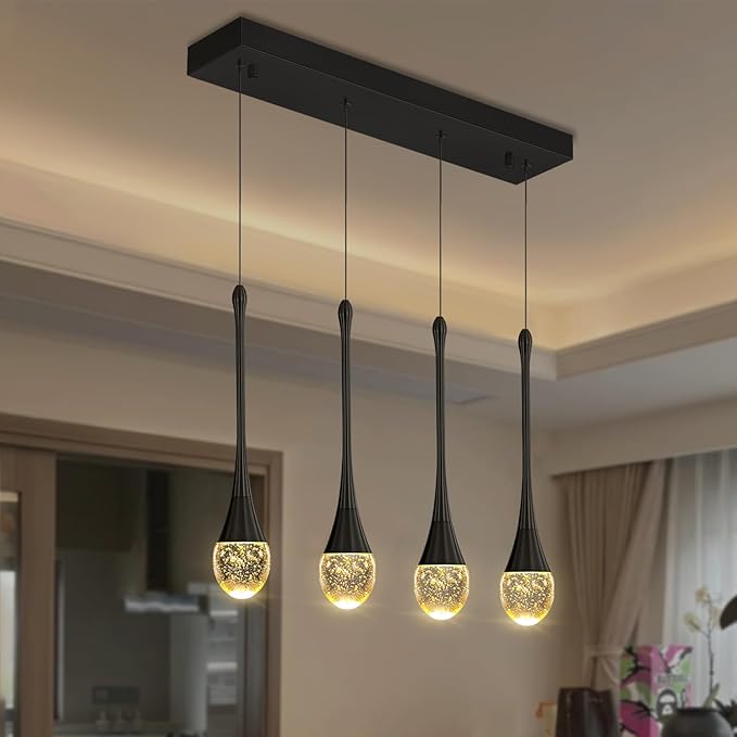 Dining Room Light Fixture 4-Light Black Kitchen Island Lighting Industrial Linear Crystal Chandeliers for Dining Room Pendant Light Fixture for Living Room Hallway Bedroom