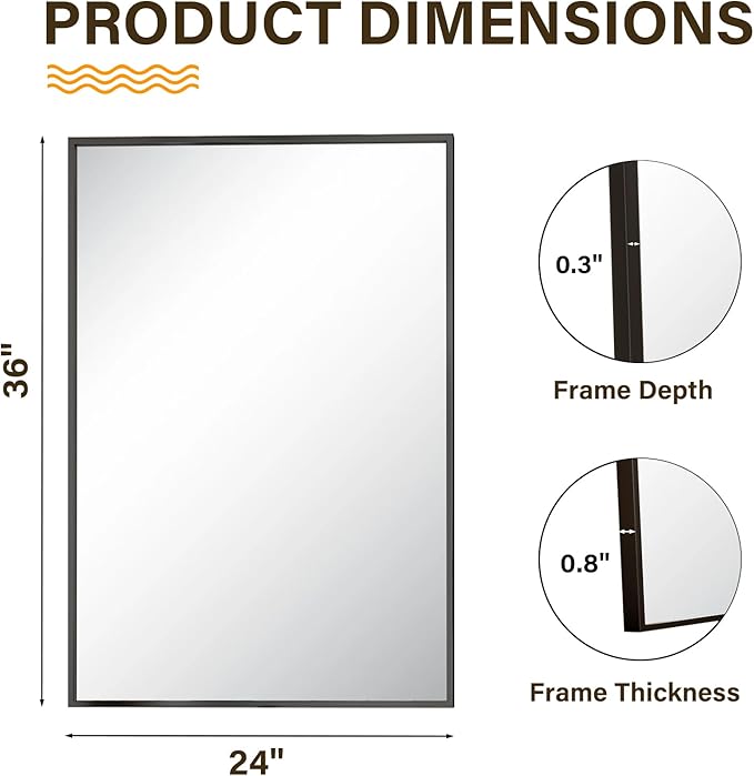 HARRITPURE 24"x36" Framed Bathroom Mirror for Wall Rectangle Mirror Aluminum Alloy Frame Wall-Mounted for Farmhouse Entryway Bedroom Living Room Black