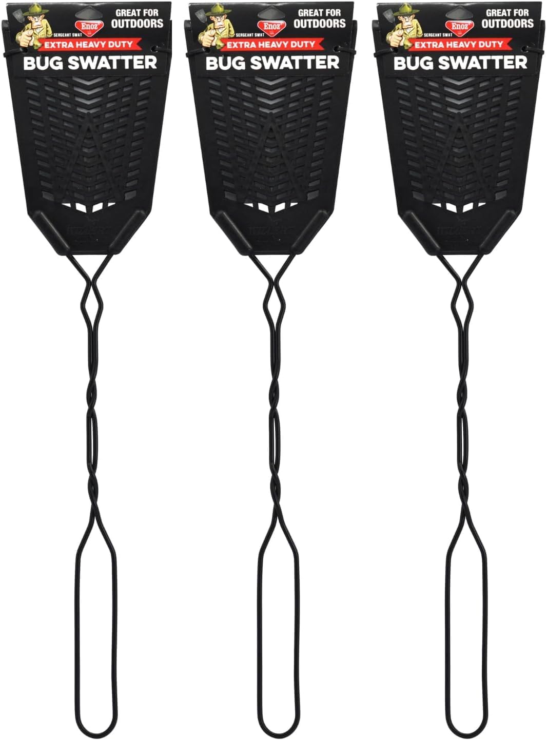 Enoz Sergeant Swat Bug Swatter - 3 Pack - Heavy Ultra Duty Manufactured Flyswatter - Environmentally Conscious, Effective, and Inexpensive Method to Control Flying Insects