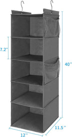 MAX Houser 5 Shelf Hanging Closet Organizer, Space Saver, Cloth Hanging Shelves with 4 Side Pockets, Foldable, Grey