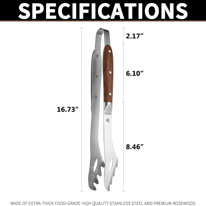 GRILLGEN Heavy Duty Rosewood Handle BBQ Grill Tongs, 16.73" Long Premium BBQ Grill Tongs for Outdoor Grilling, Essential Accessory for Barbecue & Grill, Best Grilling Gift