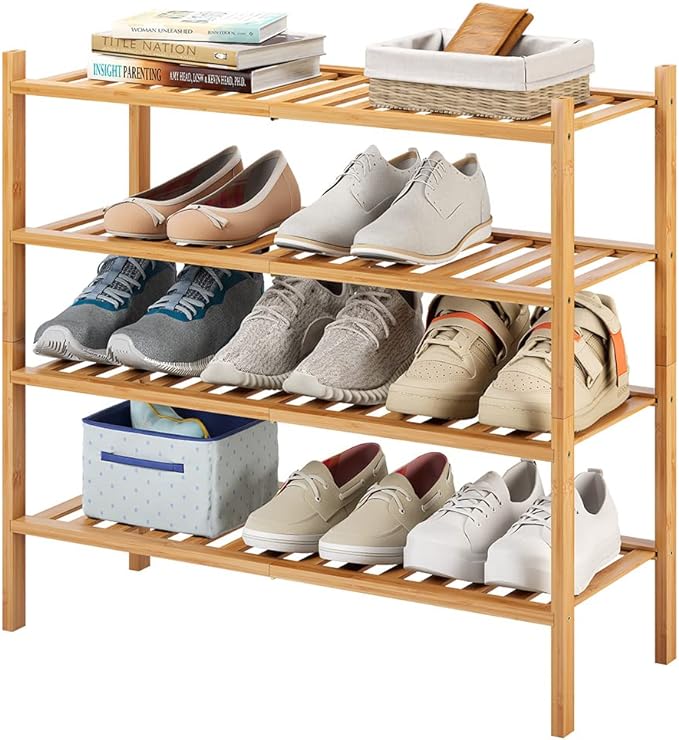 4-Tier Bamboo Shoe Rack for Entryway, Stackable | Heavy Duty | Multi-Function, Free Standing Shoe Racks for Bedroom Hallway Closet