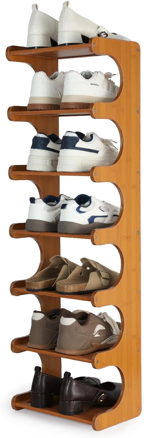 Multi-Tier Bamboo Shoe Rack, 30cm Narrow Standing Shoe Organizer for Closet Entrance, Space Saving Shoe Shelf, Sturdy Shoe Stand for Men and Women（7 Layers）