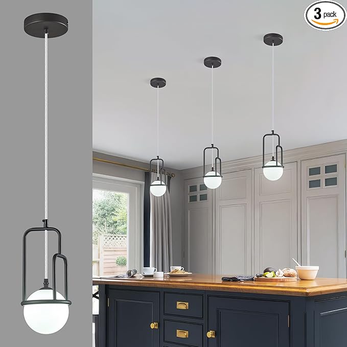 5 Inch Modern Black Pendant Light Globe Pendant Light Fixture Mid Century Pendant Lighting for Kitchen Island Dining Room Living Room Bedroom(3 Pack)