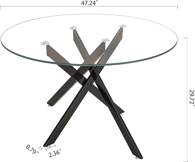 47.24" Round Glass Dining Table Modern Kitchen Glass Top Table for 6 with Black Metal Legs, Clear Dining Table Kitchen Table for Home Office Dining Room