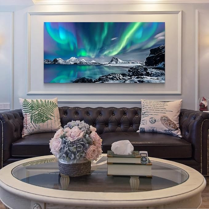Wapluam Large Canvas Wall Art For Living Room Decorations For Bedroom Office Wall Decor Blue Aurora Scenery Painting On Stretched And Framed Wall Pictures Ready To Hang For Home Decor 24X48in