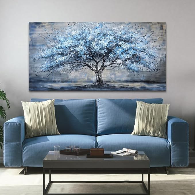 Canvas Wall Art for Living Room Large Wall Decor for Office Bedroom Decorations Blue Tree Landscape Pictures Abstract Paintings Artwork Room Wall Mural Aesthetic Home Decor 30x60 in