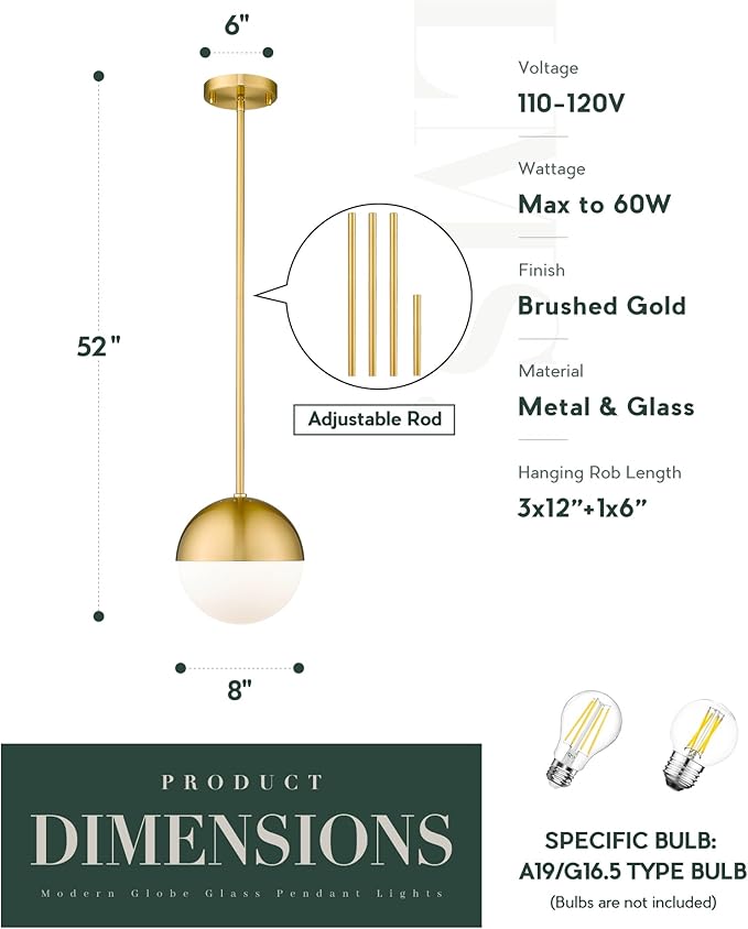 LMS 8 Inch Mid Century Pendant Lights, Brushed Gold Kitchen Island Light Fixtures with White Globe Glass Shade, Adjustable Hanging Rod, 3-Pack for Home Office Dining Room Bathroom, LMS-186BG3PK