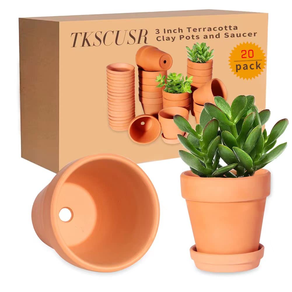 TKSCUSR 3 Inch Terracotta Pots with Saucer-20 Pack，Cactus Terra Cotta Flower Pot with Drainage，Succulent Nursery Clay Pots Great for Plants,DIY Crafts, Wedding Favor