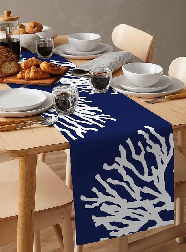 Coastal Coral Cotton Linen Table Runner for Dining Kitchen, Wedding Outdoor Party Tablerunners Decoration, Navy Blue Nautical Ocean Beach Dresser Scarf Coffee Tablecloth Runners 13x72 Inches