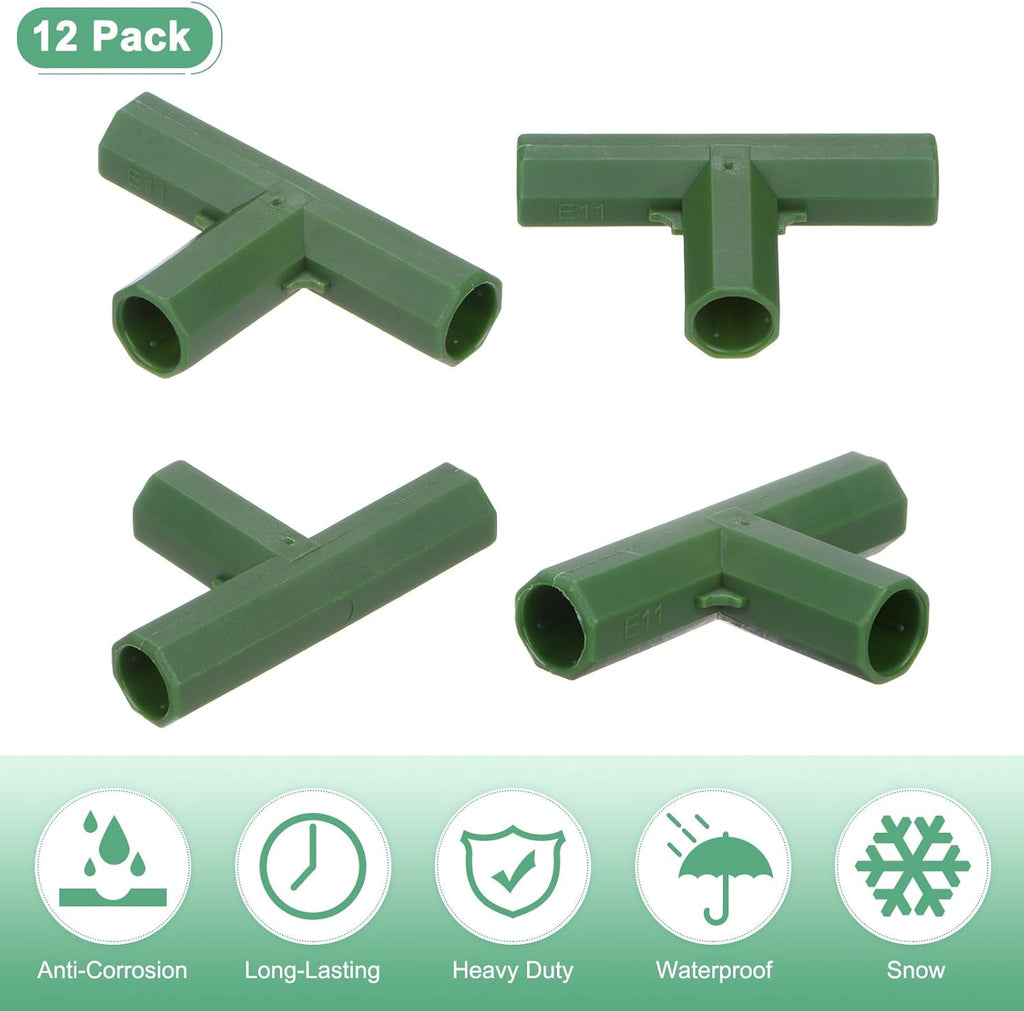 12 Pcs 11mm Greenhouse Frame Building Connectors, 3 Way Flat Pipe Fitting for Grape Trellis/Sunscreen Shed/Gardening Plant Stakes, Greenhouse Accessories [Green]