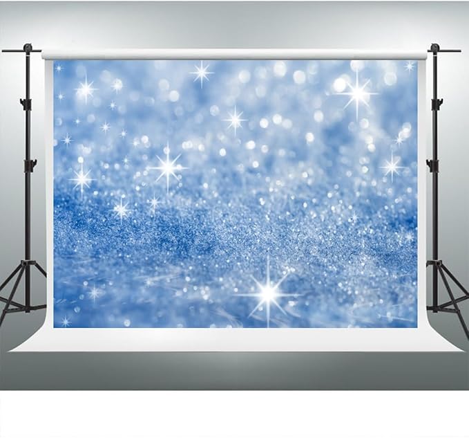 YongFoto Silver Blue Glitter Backdrop 15x10ft Silver Light Spots Blue Sequin Bokeh Photography Background Birthday Bridal Shower Wedding Photography Background Party Banner Portraits Photoshoot Props