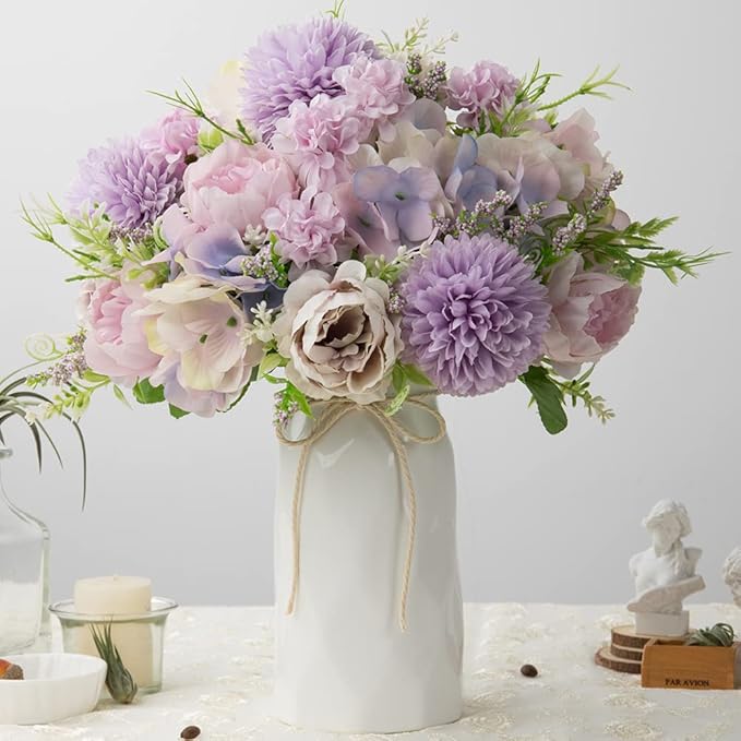 LESING Artificial Peony with Vase Silk Flowers Bouquets Fake Hydrangea Bulks for Home Table Centerpieces Wedding Decoration(Purple-1)