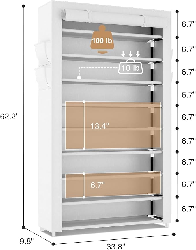 Shoe Rack with Covers 10 Tier Tall Shoe Rack Organizer Large Capacity Shoe Shelf Storage 40 Pairs Space Saving Free Standing Shoe Storage Organizer for Closet, Entryway, Dorm, White