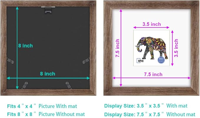 RPJC 8x8 Soild Wood Picture Frame with High Definition Glass Display Pictures 4x4 with Mat or 8x8 Without Mat for Wall Mounting Hanging Carbonized