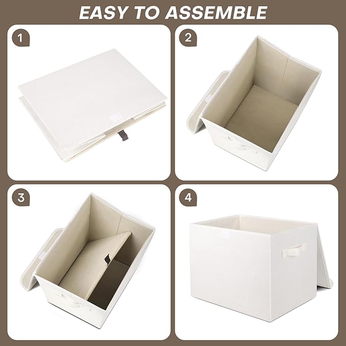 Large 17" 42 Quarts Collapsible Stackable Storage Bins with Lids [3-Pack] Foldable Fabric Linen Storage Boxes Cube, Closet Organizer Baskets with Label (16.7 x 12 x 12", White)