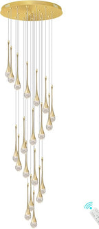138'' High Ceiling Chandelier for Entryway Gold Raindrop Crystal Chandeliers for Living Room Foyer Staircase Flush Mount Sloping Ceiling Pendant Light Fixture LED Dimming 2700k-6000k