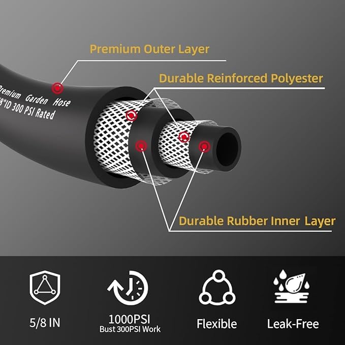 Heavy Duty Premium Garden Hose 75ft x 5/8", 300PSI Working, 1000PSI Burst, Hybrid Rubber Water Hose with Transparent Swivel Handle - Hot/Cold Water - Five Layered Braiding with Brass fittings (Black)