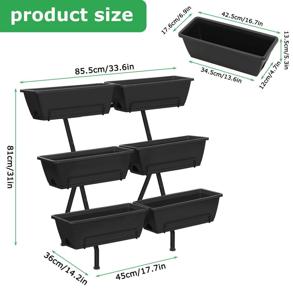 ETELI Vertical Garden Planter 3 Tier Vertical Raised Garden Bed with 6 Garden Planter Boxes Elevated Raised Bed with Drainage Holes Outdoor Standing Garden Planter for Herbs Flowers Vegetables, Black