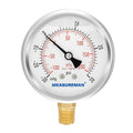 MEASUREMAN 2-1/2" dial,Glycerin Filled, Stainless Steel case, Brass Inside, 30inHg/-100kpa-0-30psi/200kpa,1/4" NPT Lower Mount