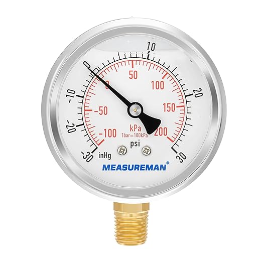 MEASUREMAN 2-1/2" dial,Glycerin Filled, Stainless Steel case, Brass Inside, 30inHg/-100kpa-0-30psi/200kpa,1/4" NPT Lower Mount