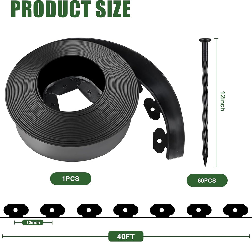 4 in Tall Landscape Edging, 40FT Plastic Garden Border Edging with 60 Anchoring Spikes, Landscape Edging Kit for Garden, Flower Beds and Lawn (Black, 4In x 40FT)
