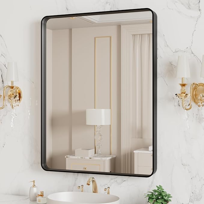 LOAAO 20X16 Inch Black Metal Framed Bathroom Mirror for Wall, Matte Black Bathroom Vanity Mirror Farmhouse, Large Rounded Rectangle Mirror, Anti-Rust, Hangs Horizontally or Vertically