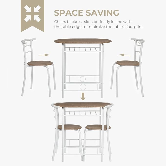 VINGLI 3 Piece Dining Set,Small Kitchen Table Set for 2,Breakfast Table Set,Kitchen Wooden Table and 2 Chairs for Small Space/Dining Room/Apartment,Metal Frame,Wine Rack,White&Warm Oak