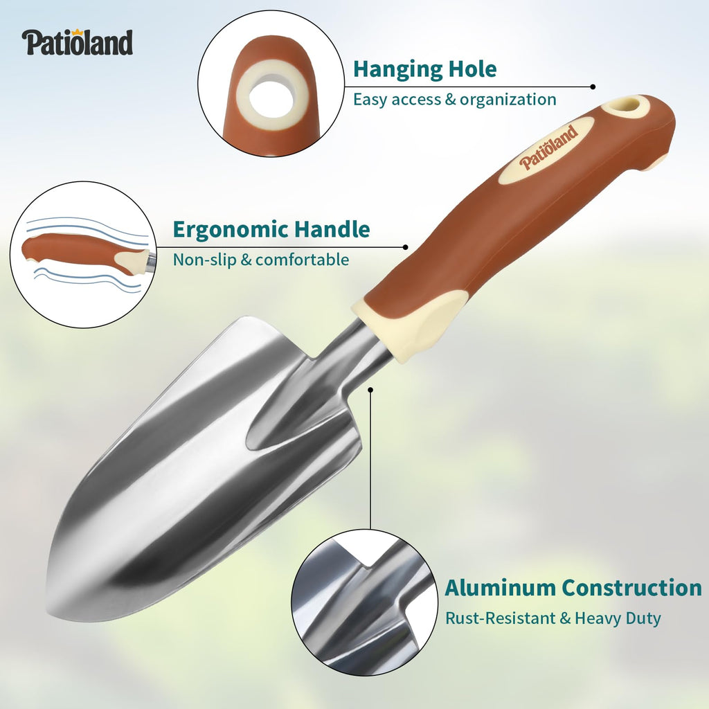 Patioland Brown Garden Tool Set 4-Piece, Trowel, Fork, Pruning Shear&Gloves
