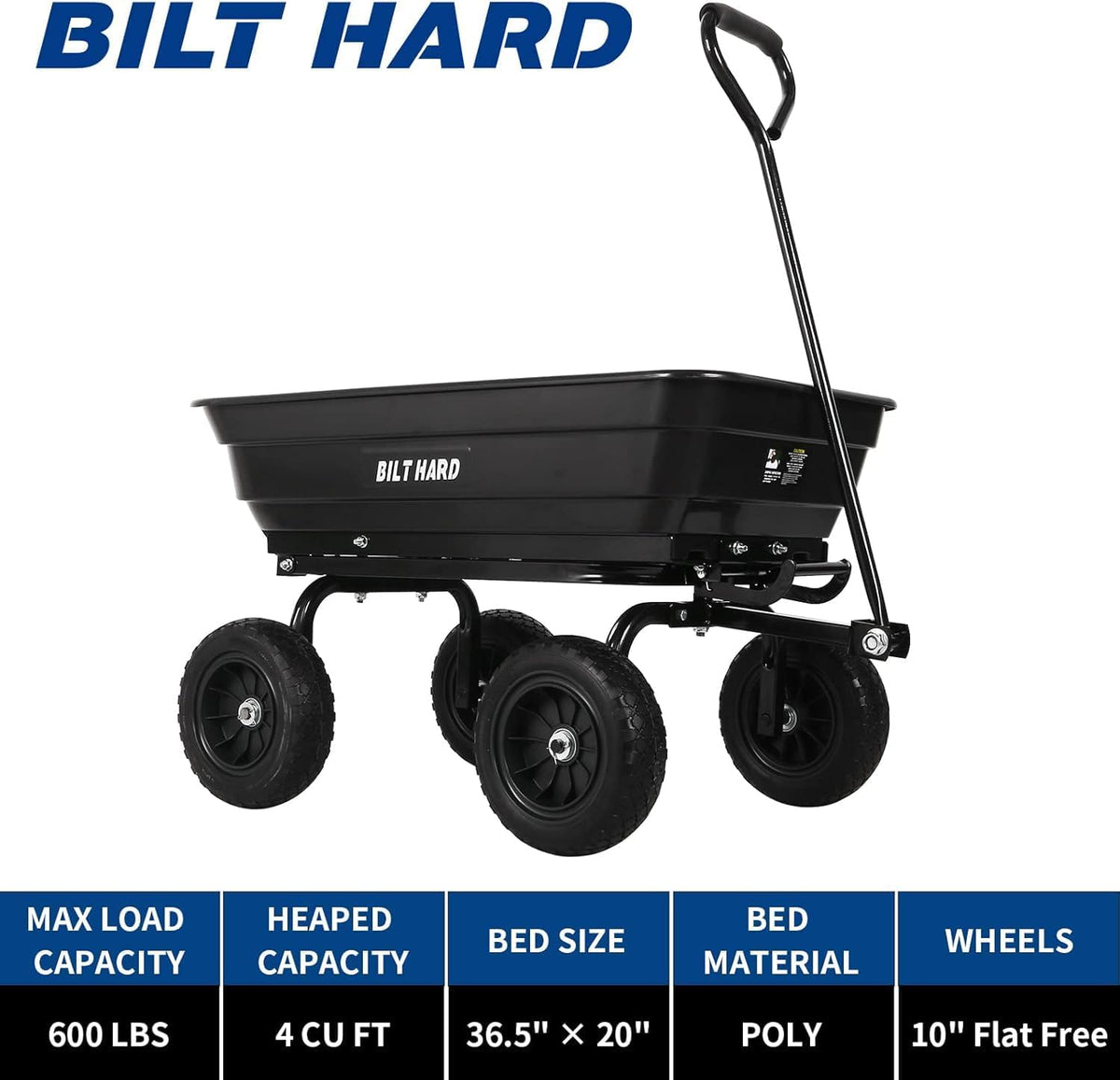 BILT HARD 4 Cu.Ft. 10" No-Flat Tires Poly Yard Dump Cart with 180° Rotating Handle, 600 lbs Capacity Heavy Duty Garden Carts and Wagons