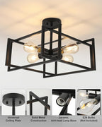 WILON Black Ceiling Light Fixture, 4-Light Farmhouse Light Fixtures Ceiling Mount, Modern Square Semi Flush Chandelier Ceiling Lamp for Kitchen Dining Room Bedroom Laundry Room Living Room