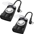 G-Homa 24 Hour Mechanical Outdoor Timer Outlet, Outdoor Timer for Lights, Waterproof, 2 Grounded Outlets, 15A 1/2HP, Heavy Duty, ETL Listed (2 Packs)