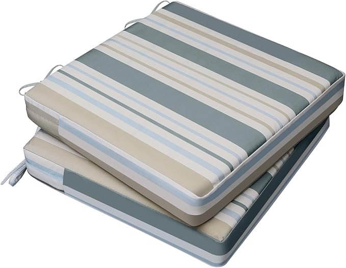 AAAAAcessories Outdoor Seat Cushions for Chairs, Waterproof, Fade-Resistant, 22" x 22" x 3", Patio Furniture Replacement Cushions, Set of 2, Slate Gray Blue Coastal Stripe