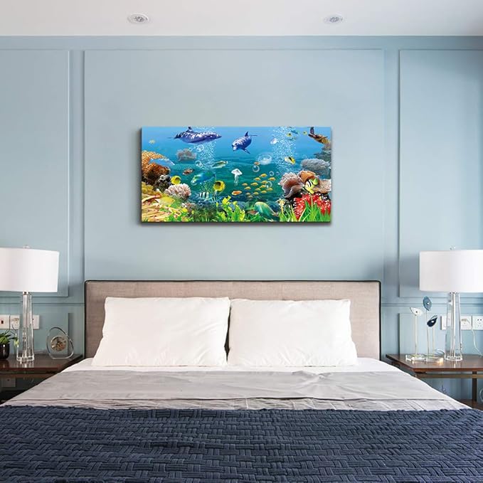 MHARTK66 Canvas Wall Art - Coral and Fish Modern Home Decor Stretched and Framed Ready to Hang Ocean Theme Sea Fish and sea Turtles Mediterranean Style Canvas Prints The living room Wall Decor
