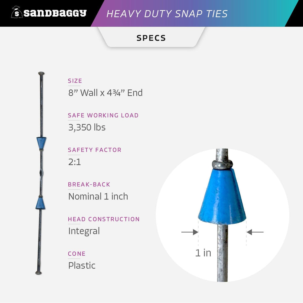 8" x 4 ¾" Heavy Duty Snap Ties for Concrete Forms - 3,350 lbs Safe Working Load (2:1 Safety Factor) - 1" Plastic Cones, Integral Heads - Construction Grade 4 Gauge Steel (Short End, 100, Count)