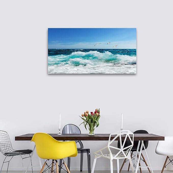 tigeridge Sea Beach Canvas Wall Art for Living Room Wall Decor Ocean Waves Canvas Pictures Blue Surfing Water Seagull Canvas Prints Artwork Office Home Wall Decorations Framed Ready to Hang 24" x 48"