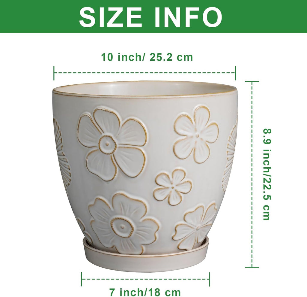 10 Inch Ceramic Planter Pot Large Plant Pot for Indoor Plants Outdoor Round Flower Pot with Drainage Hole and Saucer for Home Garden Decor White