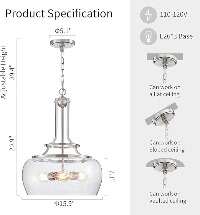 WUZUPS Chandelier Rustic Farmhouse Industrial Round Ceiling Pendant LED Light Fixture Clear Seeded Glass Shade for Dining Room Kitchen Island Foyer Entryway, H 20.9" x W 15.9", Brushed Nickel
