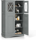 Tangkula Freestanding Floor Cabinet w/2 Glass Doors, 3-Level Adjustable Shelves, Anti-toppling Design, Kitchen Pantry Cupboard for Bathroom, Living Room (Grey)