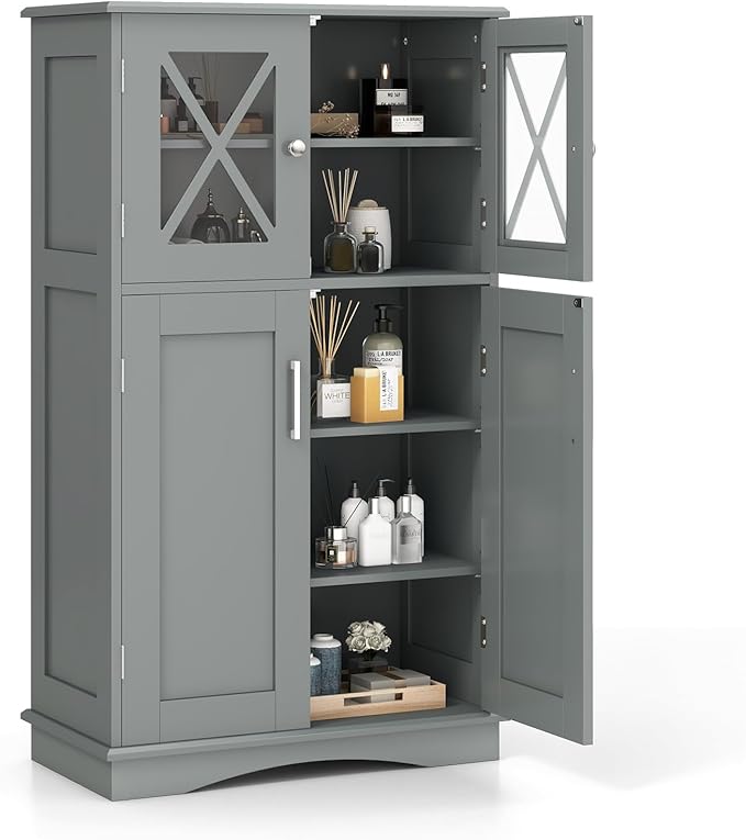Tangkula Freestanding Floor Cabinet w/2 Glass Doors, 3-Level Adjustable Shelves, Anti-toppling Design, Kitchen Pantry Cupboard for Bathroom, Living Room (Grey)