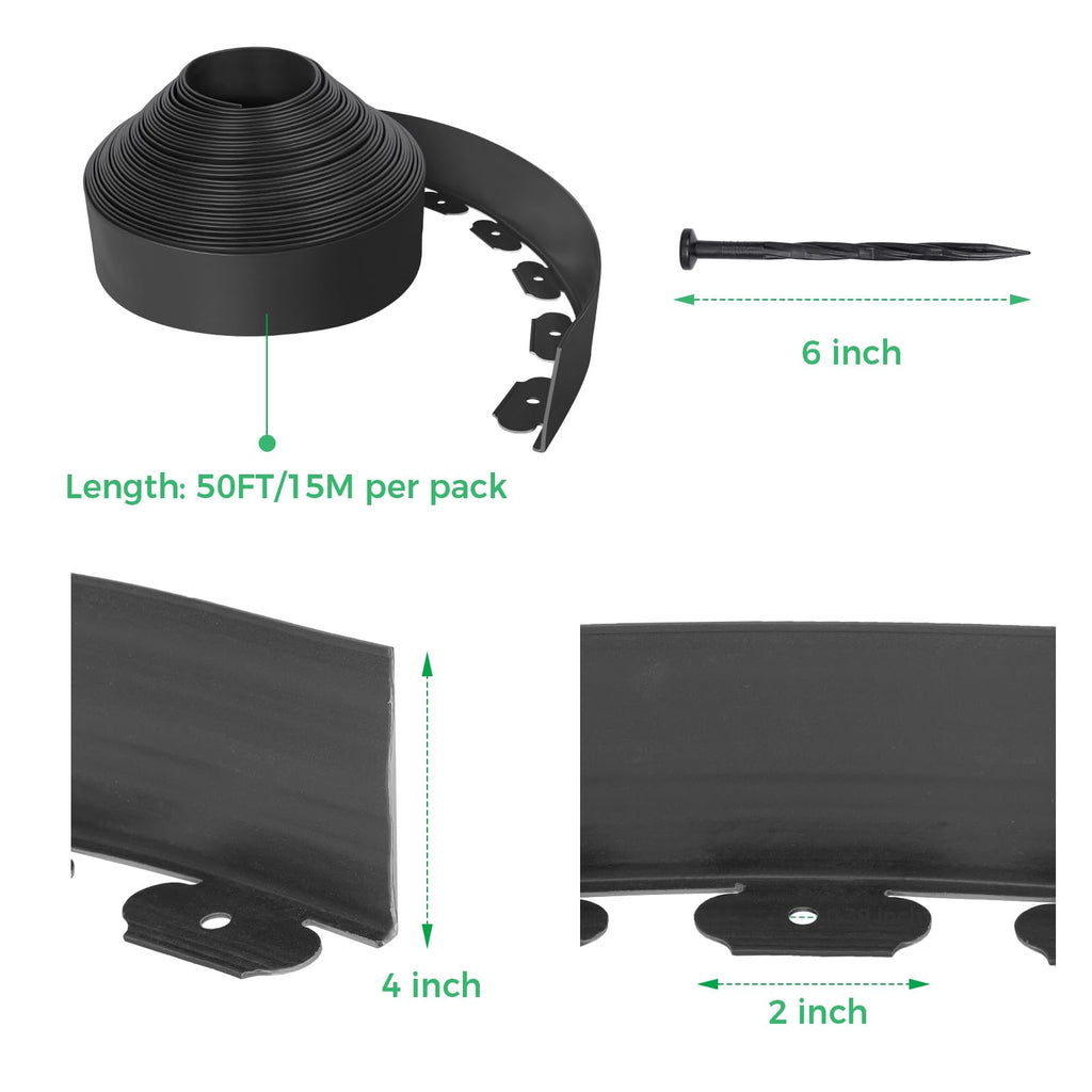 4-Inch x 50 FT Landscape Edging Border with 75 Spikes, Garden Edging Lawn Border Kit, Plastic Edging Border Flexible for Garden Flower Beds Lawn Yard Pathway Paver Edging (Black)