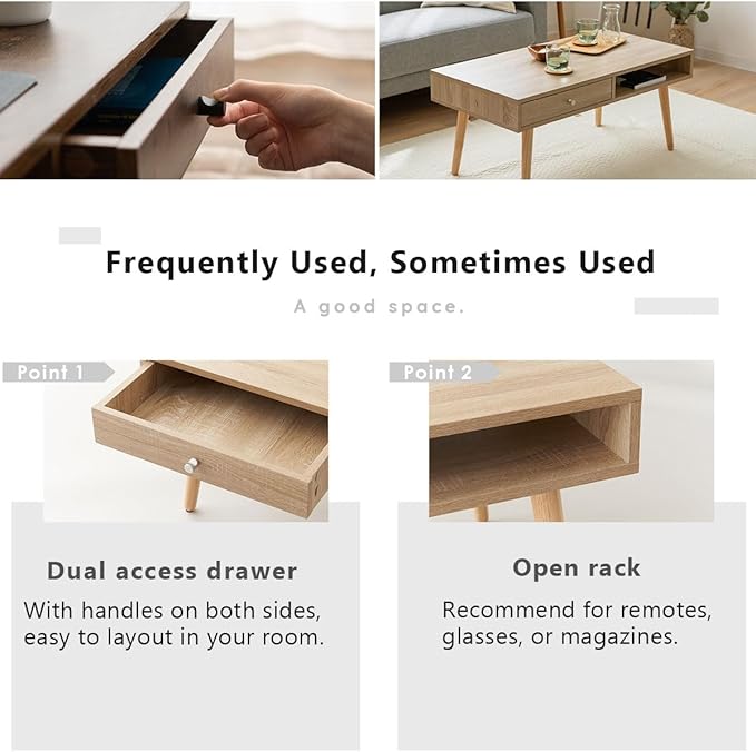 EMOOR Wood Coffee Table with Storage Rectangle Stone Gray, Floor Sitting Low Table Small Space Minimalist Japanese Tatami Room