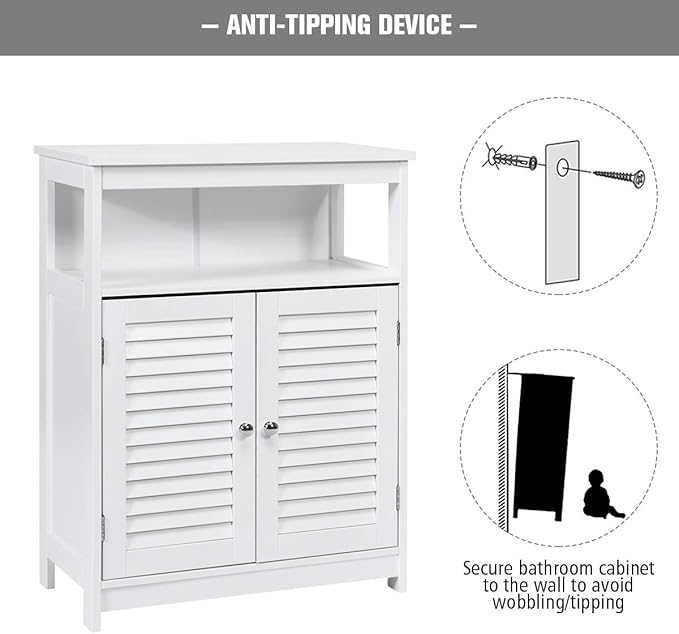 Tangkula Bathroom Floor Cabinet, Wooden Freestanding Storage Cabinet with Double Shutter Door & Adjustable Shelf, Storage Cabinet for Bathroom Living Room (White)